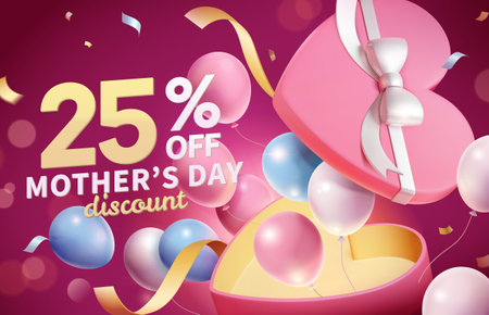 3D Mothers Day sale banner with balloons floating out from an open heart shaped gift box.のイラスト素材