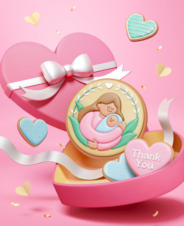 3D Sweet icing cookies in heart shape box on pink background. Happy Mothers Day poster.のイラスト素材