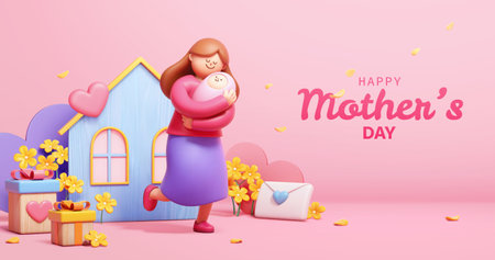 3D Lovely Mothers Day poster. Mother holding baby on pink background with flowers and festive decors.のイラスト素材