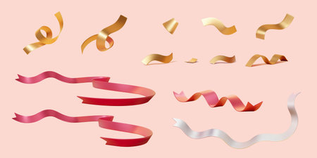 3D golden, red, and white color party ribbon elements isolated on light pink backgroundのイラスト素材