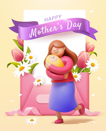 3D Mothers Day Poster. Mother holding a baby on light yellow background with floral letter.のイラスト素材