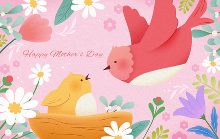 Adorable Mothers Day card with mama bird and her baby surrounded by blossoming flowers.のイラスト素材