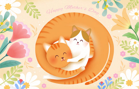 Playful Mothers Day card. Mama cat hugging kitten on light beige background with flowers and plants.のイラスト素材