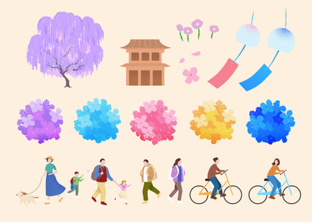 Delicate Japan travel elements. Floral, buildings, wind chimes and people isolated on beige background.のイラスト素材