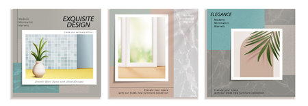Exquisite interior design template with marble texture and house plants isolated on white...