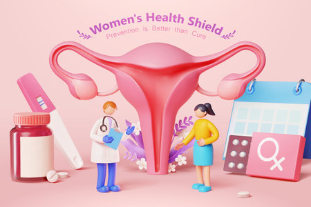 3D healthcare banner with medical and female reproductive system mock ups on light pink backgroundのイラスト素材