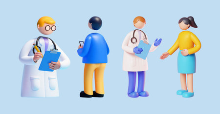 3D doctor and patient characters isolated on light blue backgroundのイラスト素材