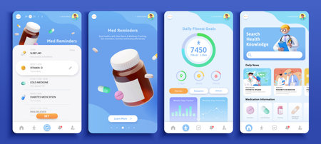 3D health tracker app interface with fitness and healthcare details isolated on blue backgroundのイラスト素材