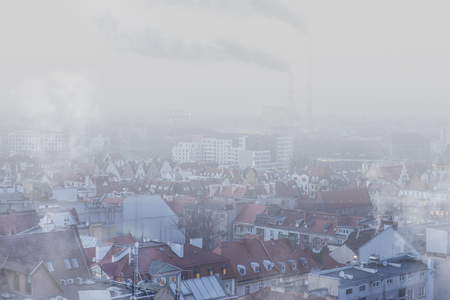 Smog over the city of Wroclaw, Poland. Winter view of the city skylineの写真素材