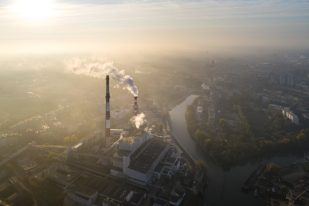 Aerial view of the smog over the city, smoking chimneys of the city. - Wroclaw, Polandの写真素材