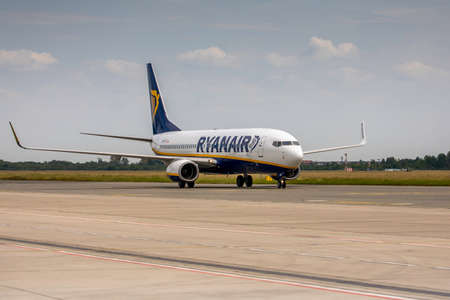 Wroclaw, Poland - June 17, 2020: Boeing 737 Ryanair airplane taxiing to the terminal, just before landing from service test flight at Wroclaw aerodrome during Covid-19 european airspace lockdownのeditorial素材