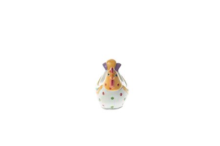 Ceramic colorful chicken for easter decoration, isolated on whiteの写真素材