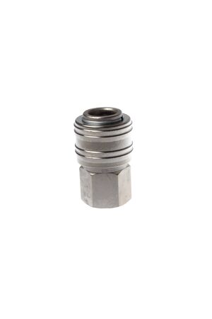 Steel female quick coupling to female thread adapter, isolated on white background.の写真素材