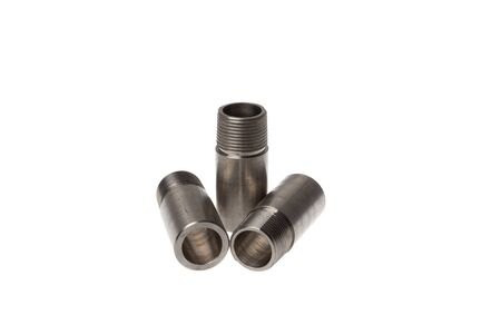 Set of stainless steel short pipes with external 3/4" thread for welding, isolated on white backgroundの写真素材