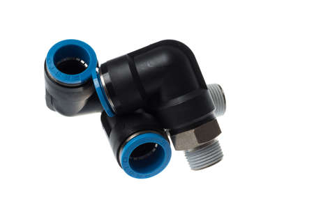 VARNA, BULGARIA - MARCH 21, 2020: Set of  FESTO pneumatic elbow fitting for plastic tube to 3/8" male thread, isolated on white. FESTO is a company dealing with pneumatics.のeditorial素材