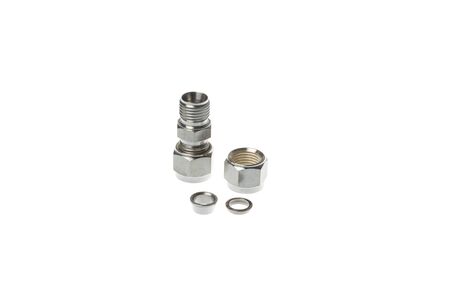 Disassembled steel coupling for quick metal pipe to pipe connection, isolated on white backgroundの写真素材