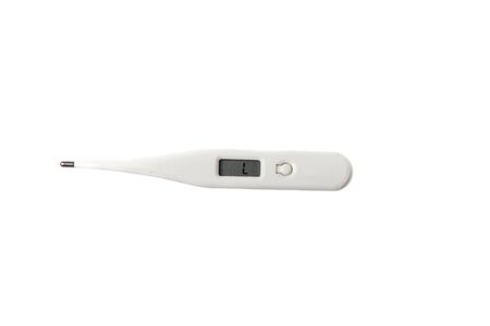 White digital thermometer with a display showing LOW temperature, isolated on white background