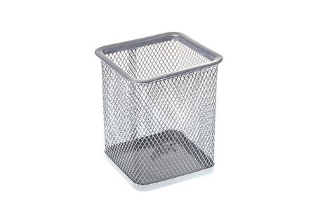 Gray metal mesh desk organizer for pen, isolated on white backgroundの写真素材