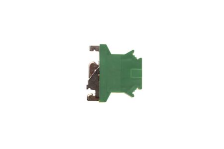 Green side of an earth, ground electrical pass through terminal for DIN rail, isolated on white backgroundの写真素材