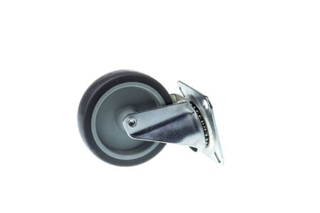 Metallic cart wheel with gray plastic core and rubber tire, isolated on white backgroundの写真素材