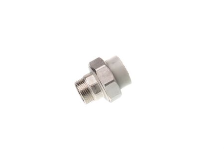 Plastic PPR straight metal male thread coupling for water pipes, isolated on white backgroundの写真素材