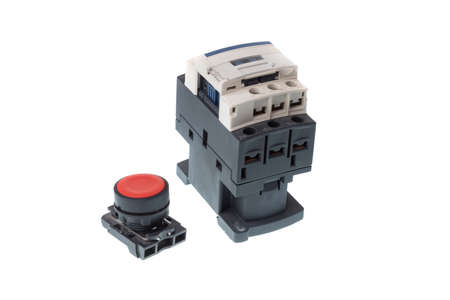 Red electrical push button and electromagnetic contactor, isolated on white backgroundの写真素材