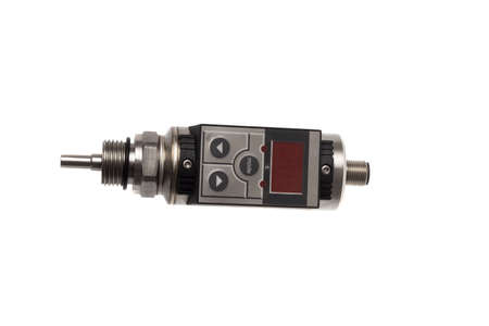 Industrial temperature sensor with display and gasket. Thread process connection and signal connection, isolated on white backgroundの写真素材