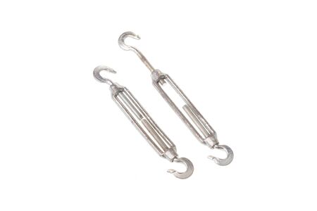 Set of steel hook turnbuckles in open and closed position, isolated on white backgroundの写真素材