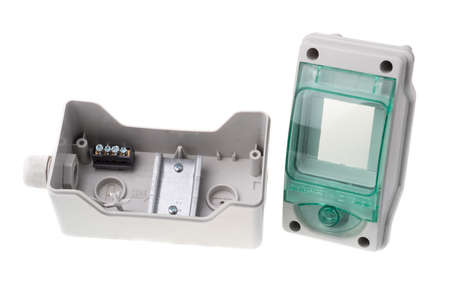 VARNA, BULGARIA - APRIL 20, 2020. Disassembled view of fuse box model Kaedra by Schneider Electric, isolated on white background. Schneider Electric i a company dealing with electrical supplies.のeditorial素材