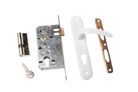 Door lock element with key, key mechanism and white door handle, isolated on white backgroundの写真素材