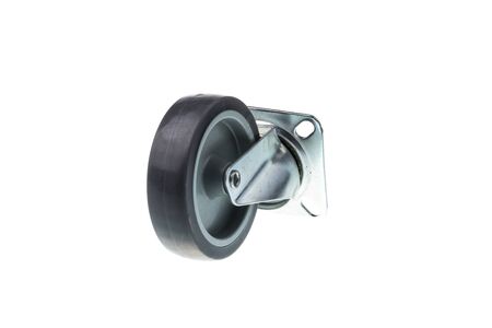 Metallic dolly wheel with gray plastic core and rubber tire, isolated on white backgroundの写真素材