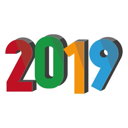 Isometric colored text design Christmas and Happy new year 2019. Design element for presentations, postcards, flyers, leaflets and posters, vector illustrationのイラスト素材