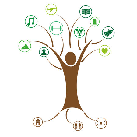 Concept design of a tree of human life with leaves of interests and hobbies. Vector illustrationのイラスト素材