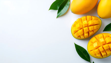 Sliced and whole mangoes with green leaves arranged on a white background. Clear details and vibr...の素材