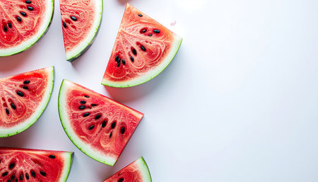 Sliced watermelon pieces with black seeds arranged on a white surface. Clear details and vibrant ...の素材