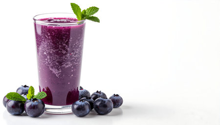 Drink showing blueberry smoothie with fresh blueberries and mint leaves keywords: blueberry...の素材