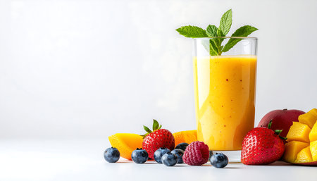 A tall glass of yellow mango smoothie is garnished with fresh mint leaves.の素材