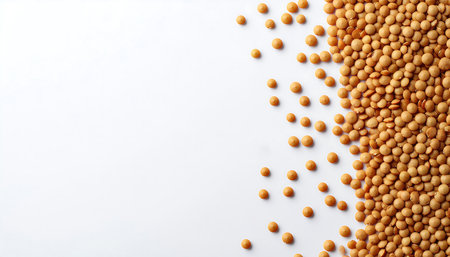 A pile of brown lentils scattered across a white surface with copy space. Clear details and vibra...の素材