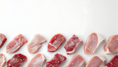 Protein showing assortment of raw meat cuts on a white background keywords: raw meat, beef,...の素材