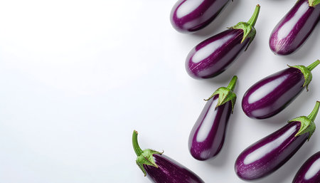 Fresh purple eggplants scattered on a white background with copy space Clear details and vibrant ...の素材