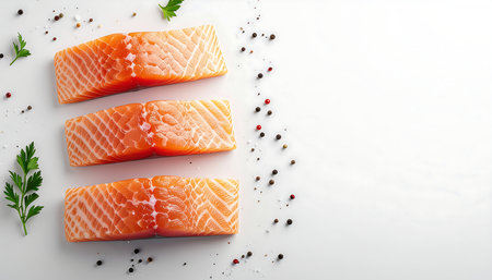 Salmon showing salmon fillets with spices and parsley on white. High resolution image suitable...の素材