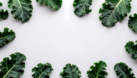 Spread showing fresh kale leaves border on white background. High resolution image suitable for...の素材