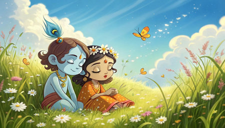 Little Krishna and Radha Sitting in a Sunny Flower Field â Whimsical Hindu Artの素材