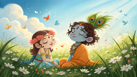 Little Krishna and Radha Sitting Peacefully in a Sunlit Meadow â Fantasy Artの素材