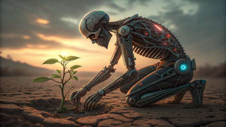 Mechanical skeleton planting tiny sprout life cycle hope rebirth and renewal at sunsetの素材