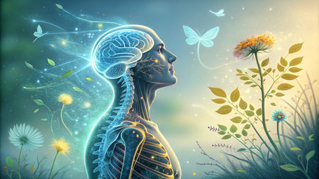 Skeleton watering a plant in a dry desert at sunset symbolizing hope and new lifeの素材