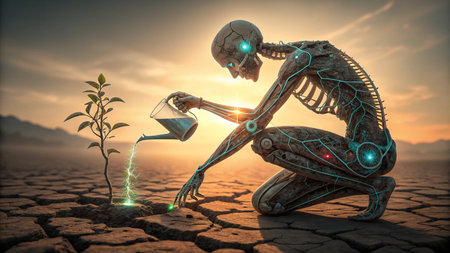Skeleton watering a plant in a dry desert at sunset symbolizing hope and new lifeの素材