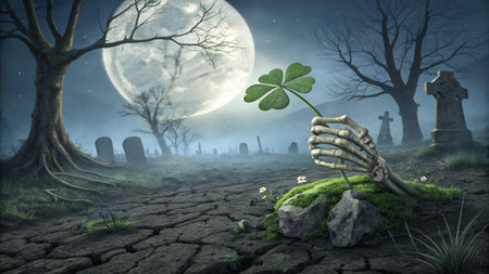 Spooky halloween graveyard scene full moon misty night skeleton hand holding cloverの素材