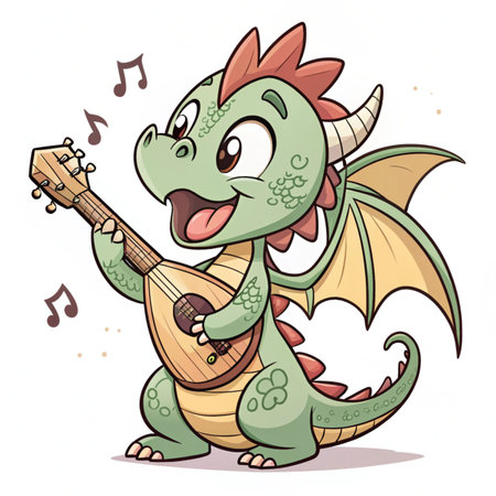 Adorable cartoon dragon plays a luteのイラスト素材