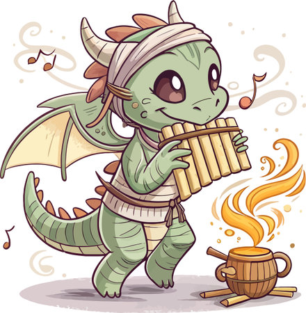 A cute, green baby dragon with large eyes plays a pan flute. Musical notes float around it, and a steaming pot sits nearby.のイラスト素材